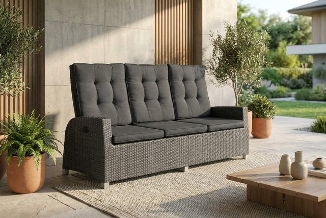 OUTFLEXX Rocking Comfort Dining Lounge 3-Sitzer Sofa aus Polyrattan in Grau/Braun-meliert mit Polsterung, B/T/H: 210 x 85 x 112 cm - Bild 1