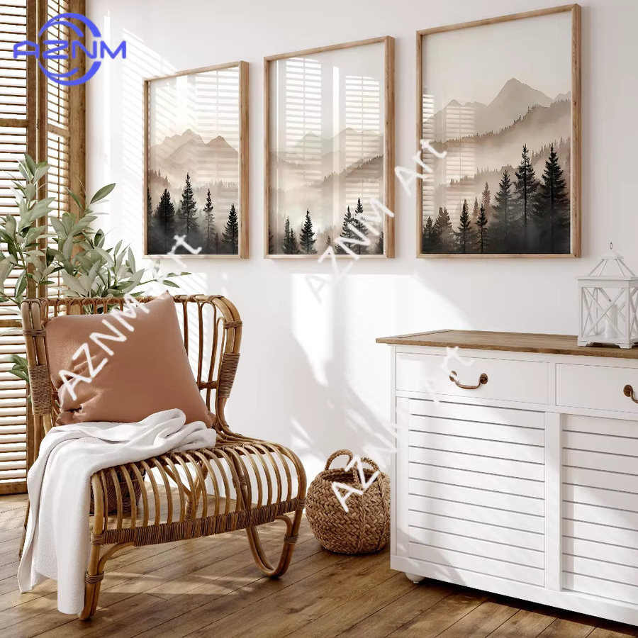 AZNM Abstraktes Wald- und Berg-Triptychon als minimalistisches 3er-Set aus Papierpostern in Beige und Grau mit nebliger Naturlandschaft - Bild 2
