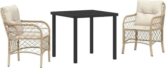 vidaXL Garten Essgruppe 3-teilig aus Poly Rattan und Glas in Beige mit Kissen - Bild 1