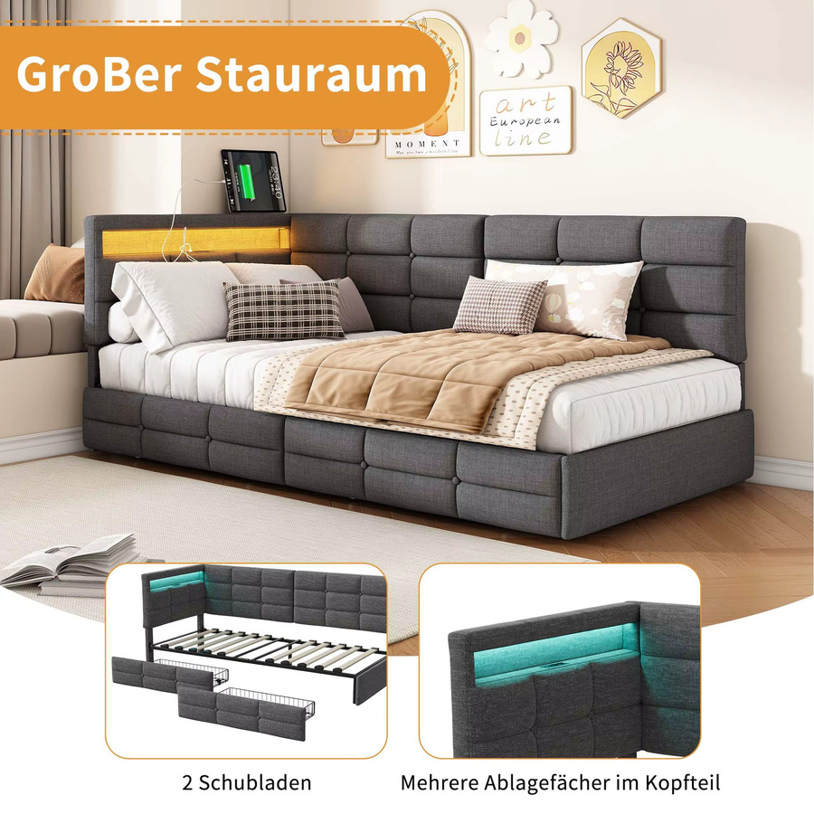 Rosahqnda Schlafsofa mit LED-Beleuchtung und USB-Anschluss, gepolstertes Einzelbett mit Schubladen und hydraulischem Mechanismus, Grau, B/T/H: 90 x 200 cm - Bild 2