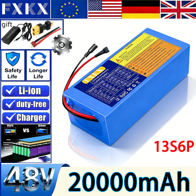 FXKX Lithium-Akkupack 48V 10-30Ah mit integriertem BMS in Blau für 1000W bis 1500W Motoren - Bild 1
