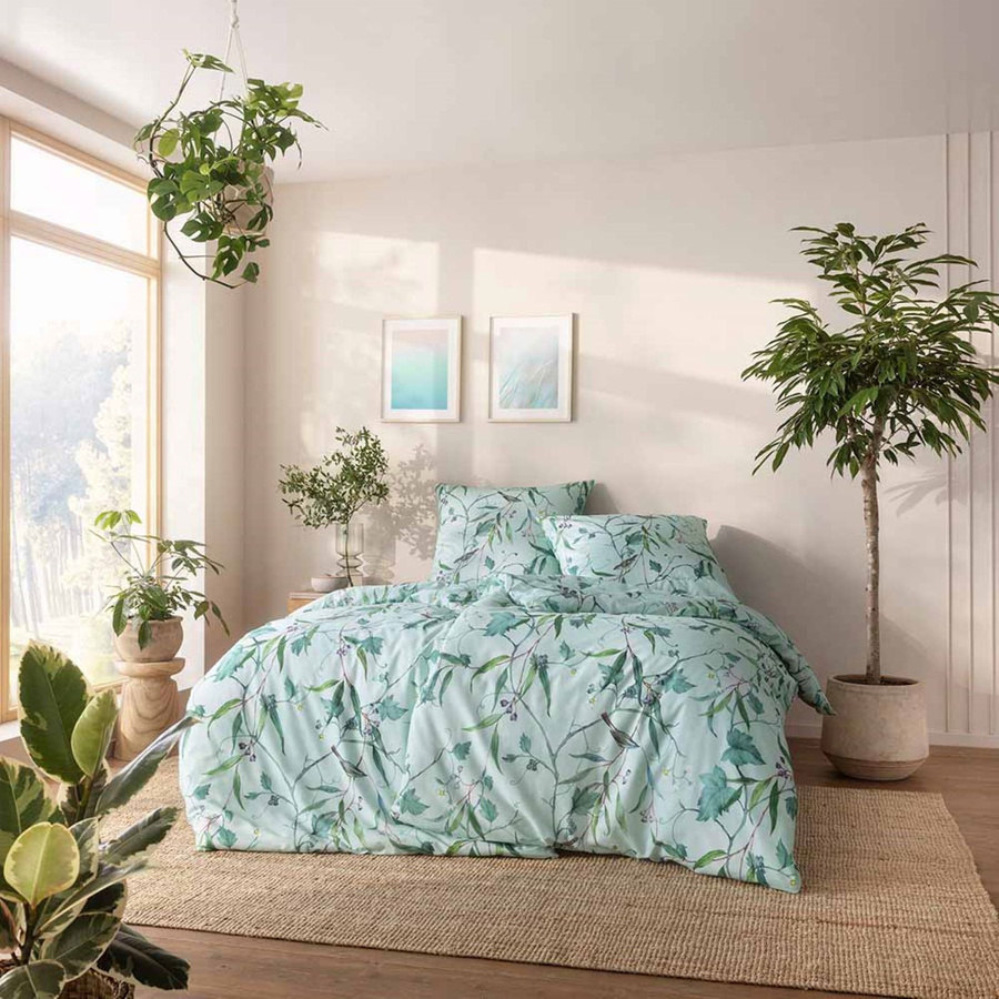 Estella Bio Mako Satin Bettwäsche Telma mint Zweige Vögel grün, B/H: 135 x 200 cm mit Kissenbezug 80 x 80 cm, GOTS Organic Baumwolle - Bild 1