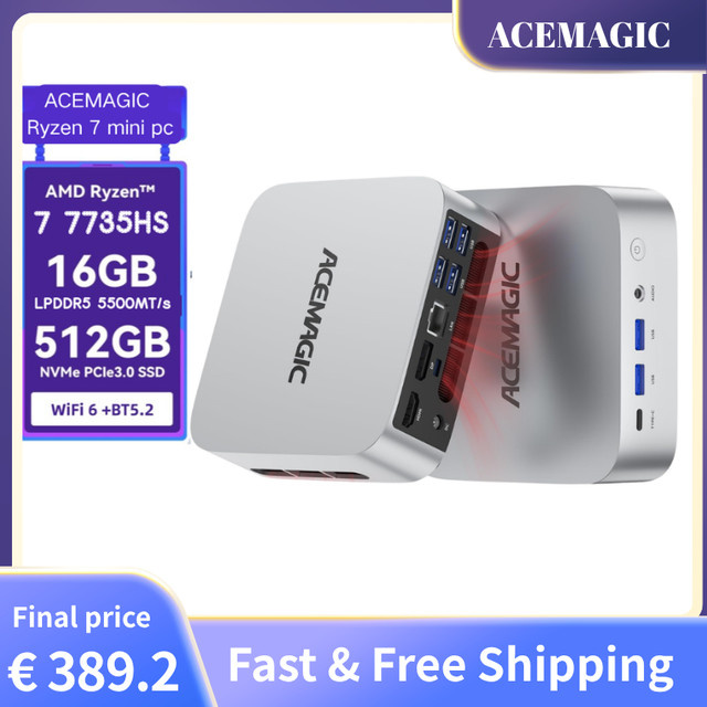 ACEMAGIC Mini-PC mit AMD Ryzen 7 7735HS, 24GB LPDDR5 RAM und 512GB PCIe SSD, Radeon 680M Grafik, Triple 4K Support, WiFi 6 und Bluetooth - Bild 1