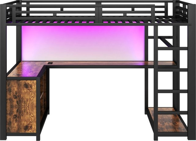 Merax Hochbett aus Metall mit LED-Unterbettbeleuchtung und Arbeitsplatz in Schwarz, B/T/H: 208 x 140 x 148 cm - Bild 1
