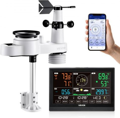 VEVOR 5-in-1 WLAN Wetterstation mit 190,5 mm VA-Display und solarbetriebenem Außensensor in Weiß - Bild 1