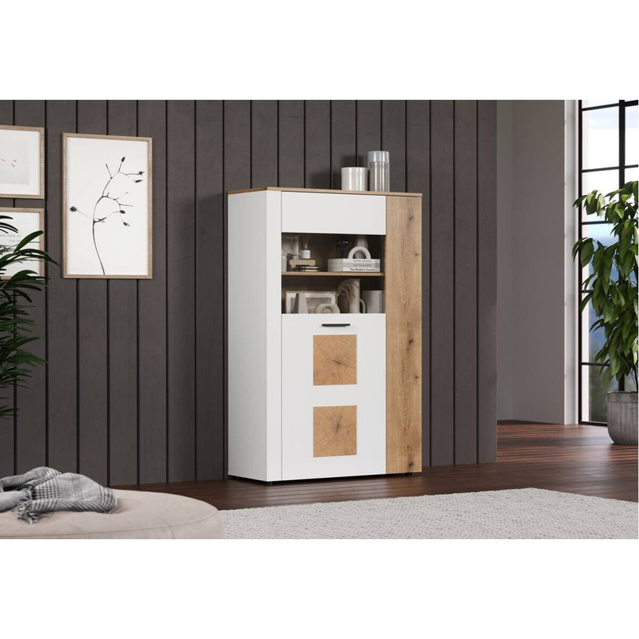 Vitrine Vitoria von Evoke Coast in Weiß und Eiche Nachbildung mit Glastüren, B/H/T: 90 x 146 x 42 cm - Bild 2