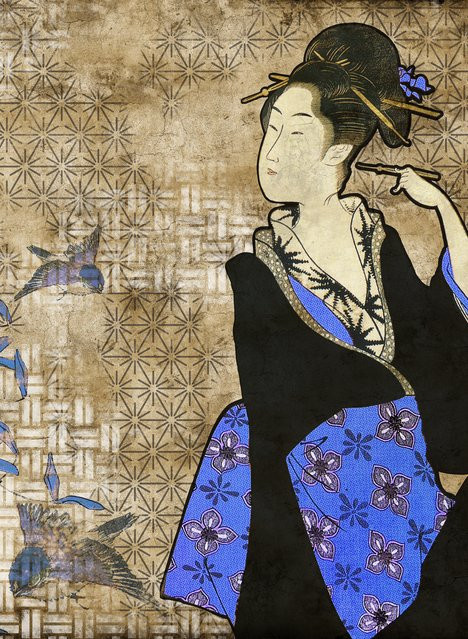 Coordonné Wandtattoo Geisha Graffiti in Beige und Blau mit Fleece-Struktur - Bild 1