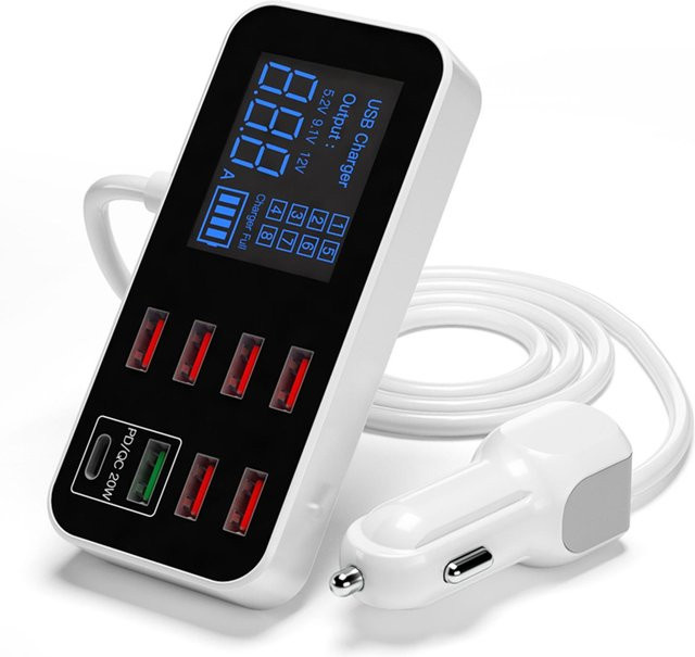 A9S+ 8-Port USB-Autoladegerät mit LCD-Display, Ultradünner USB-Hub für Smartphones, Tablets und DVR, Weiß - Bild 1