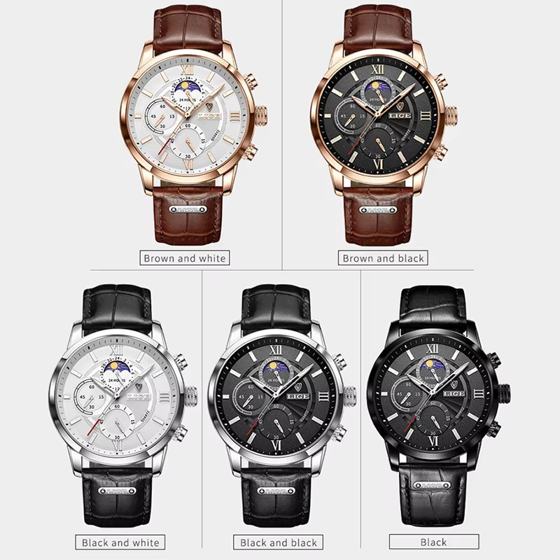 LIGE Armbanduhr Quarz, Leder, Schwarz, Herren - Bild 5