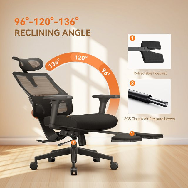 Ergonomischer Bürostuhl NEWTRAL MagicH-BP in Schwarz mit Fußstütze, adaptiver Lendenwirbelstütze und verstellbarer Kopfstütze - Bild 1