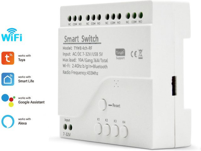 Tuya Wifi Switch Modul mit 4 Kanälen Relais zur App-Fernsteuerung, kompatibel mit Alexa und Google Home, Weiß - Bild 1