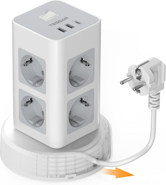 TESSAN Tower 8-Wege-Steckdosenleiste in Weiß mit Überspannungsschutz, 8 Steckdosen, 2 USB-A und 1 USB-C Anschlüssen sowie 2 m Verlängerungskabel - Bild 1