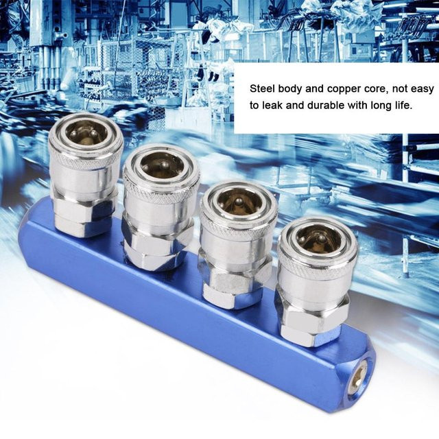 Fishine Pneumatischer Schnellanschluss Weiblicher Verbinder für Luftschlauchanschluss PT14 mit 4 Wegen aus Messing und Stahl, Blau, 12mm - Bild 1