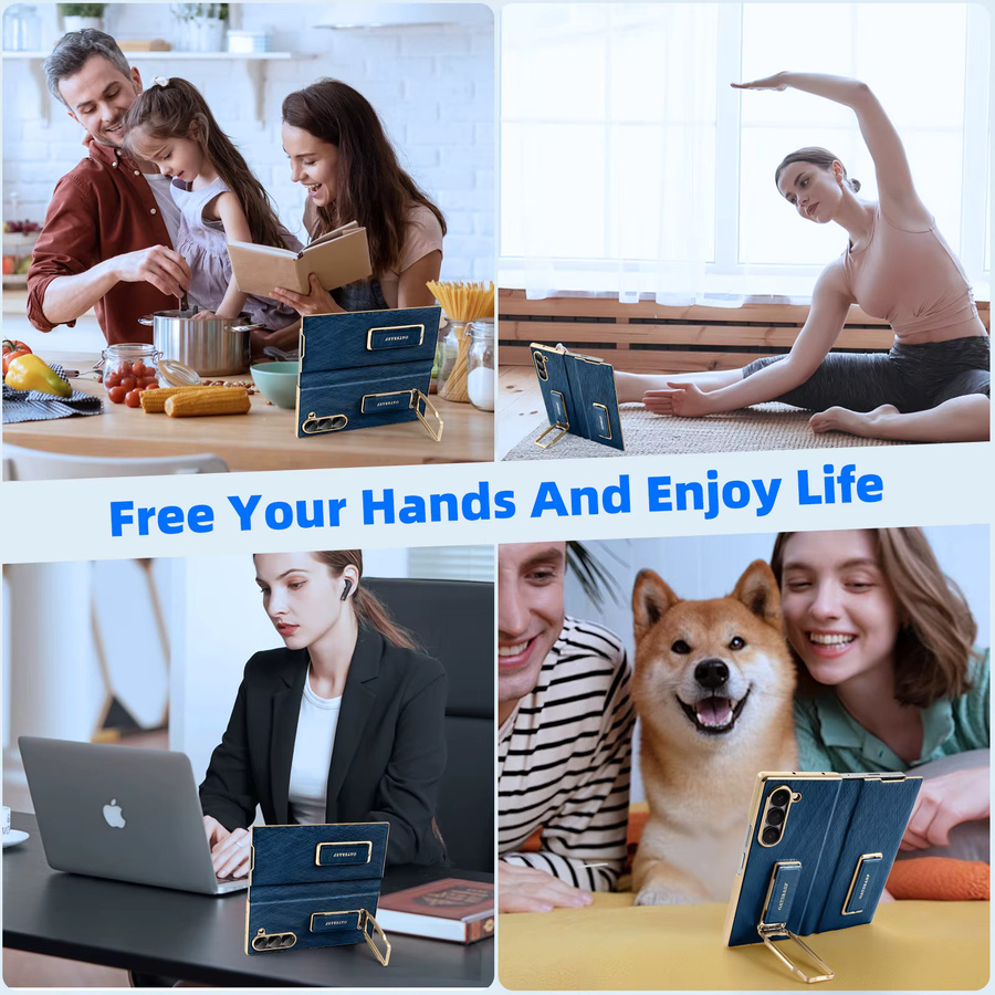 Eary Dual Grip Lederhülle für Samsung Galaxy Z Fold 7 mit Handschlaufe und 360 Grad drehbarem Ständer in Blau oder Silber - Bild 6