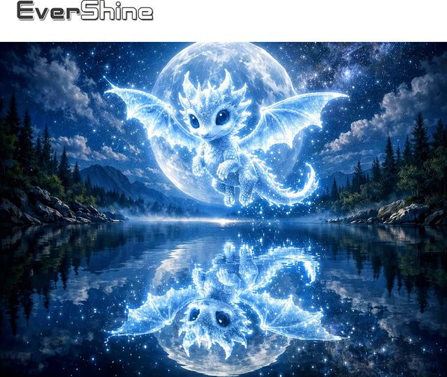 EverShine Mond-Diamant-Stickerei Drachen-Wandkunst mit Sternenhimmel und Berg-Motiv in Blau, B/H: 30 x 30 cm - Bild 1
