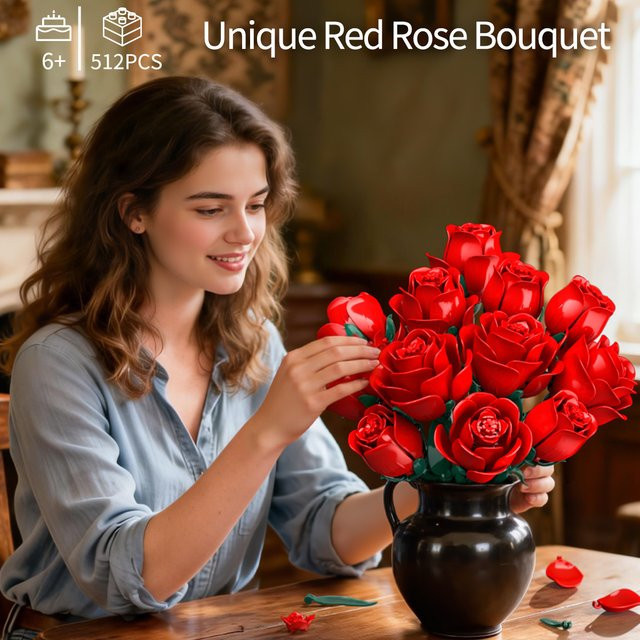 TYCOLE Rote Rose Bouquet, Bausteine Spielzeug, 12-teiliges Set, ab 6 Jahren - Bild 1