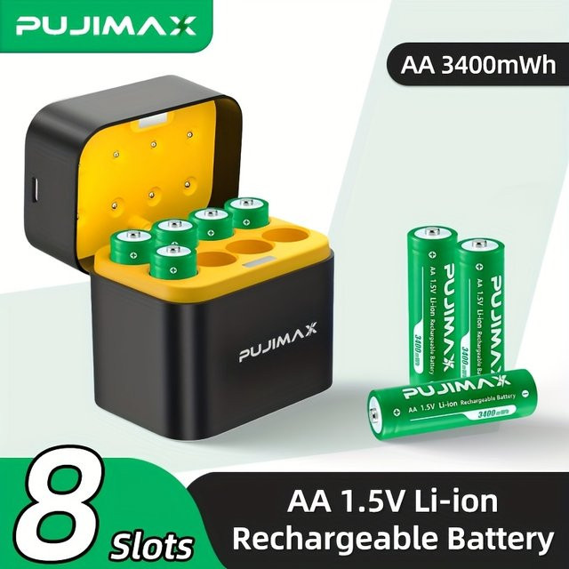 PUJIMAX Li-Ion AA-Akkus 1,5 V mit 3400 mWh und Ladegerät für Radiowecker und Videospiele - Bild 1
