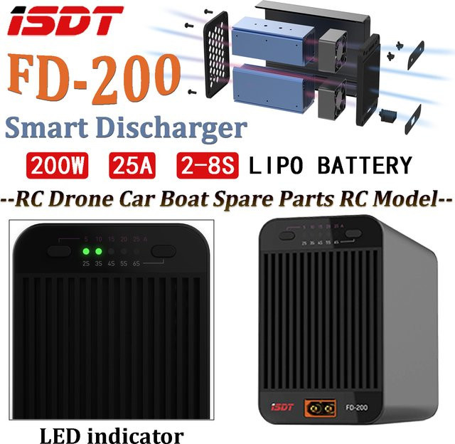 ISDT FD-200 Smart Discharger 200W mit Bluetooth App-Steuerung und LED-Licht in Schwarz für 2-8S LiPo Akkus von RC Drohnen und Modellen - Bild 1