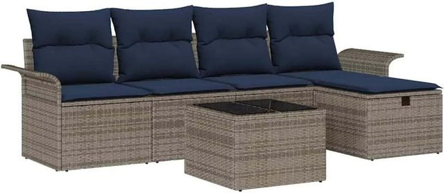 vidaXL Gartenmöbel-Set aus Polyrattan mit 6-teiliger L-Shape Lounge-Garnitur, Polsterkissen und integriertem Stauraum in Grau und Blau - Bild 1