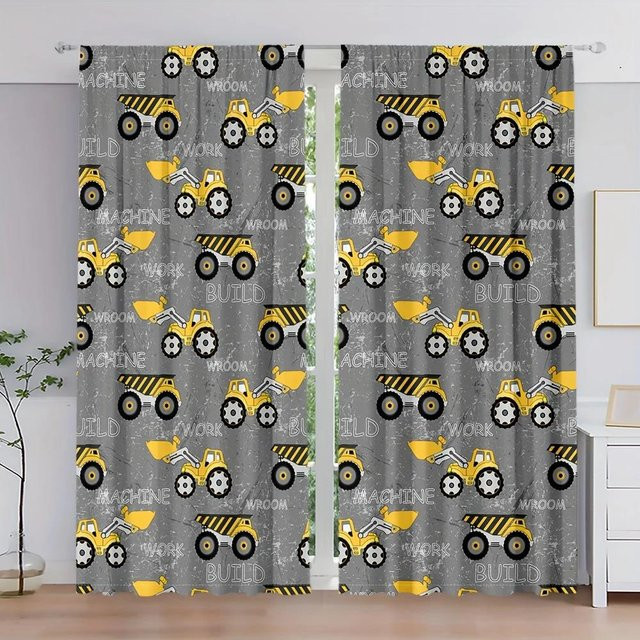 2er-Set Yiran Furniture Vorhänge mit Baustellenfahrzeug-Motiv, halbtransparent, mehrfarbig, B: 35 cm, H: 100 cm - Bild 1