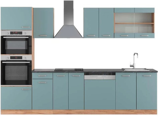 Vicco R-Line Küchenzeile Blau-Grau Goldkraft Eiche mit Hochschrank Anthrazit, Breite: 300 cm - Bild 1