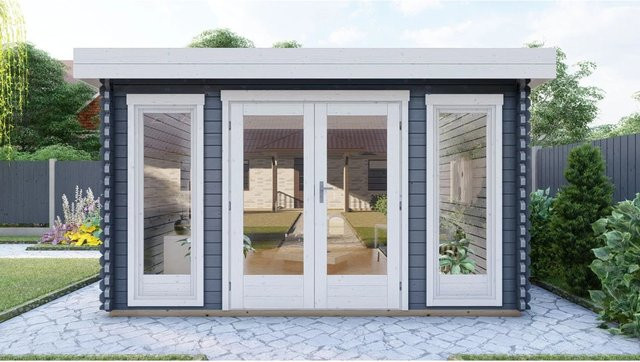 Finn Art Blockhaus York 7 Gartenhaus aus Holz mit Flachdach in Grau, B/T: 4 x 3 m, Wandstärke: 40 mm - Bild 1