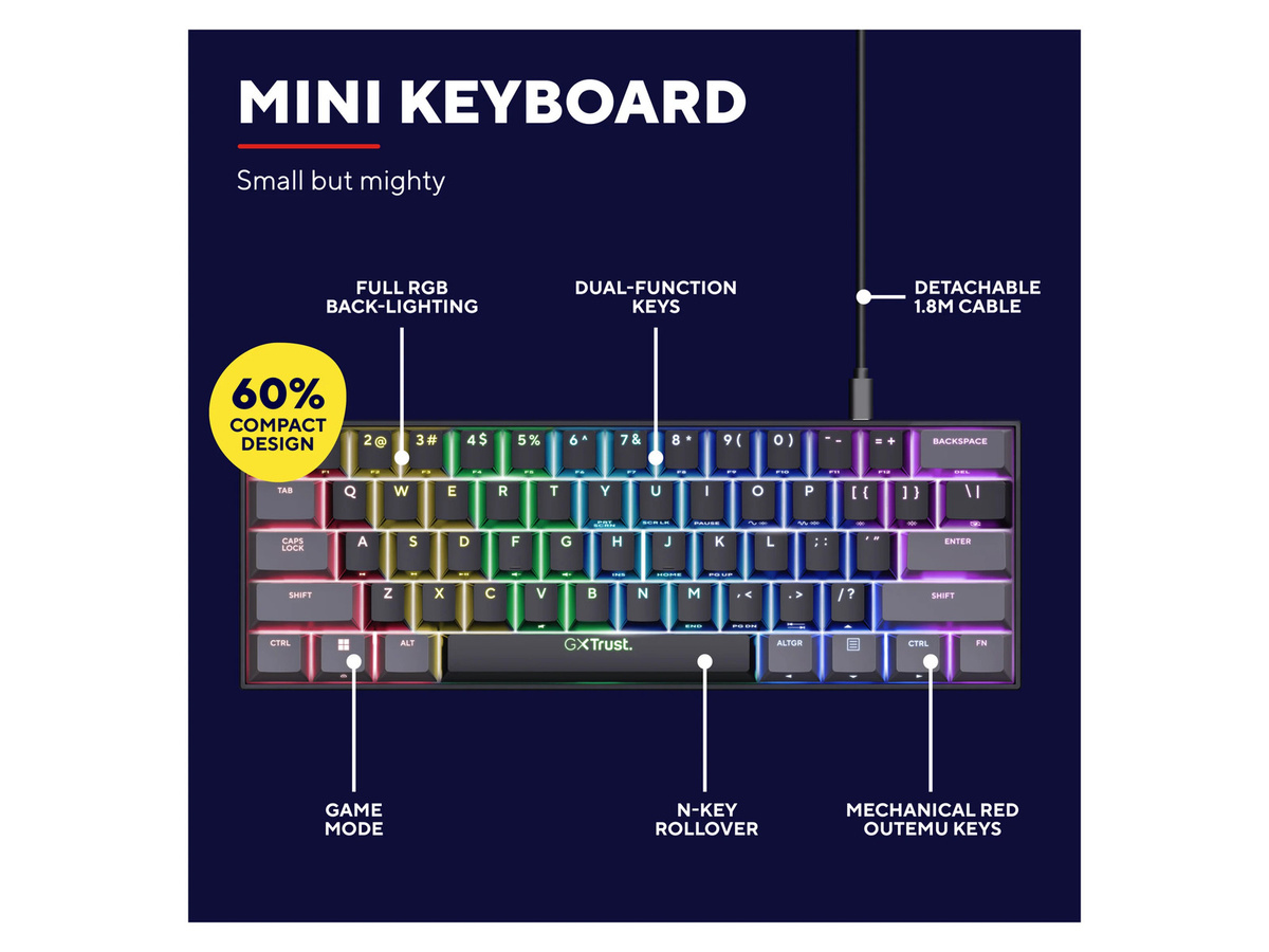Trust GXT 867 Acira mechanische Mini-Gaming-Tastatur, 60 %, QWERTZ, Schwarz/Grau - Bild 3