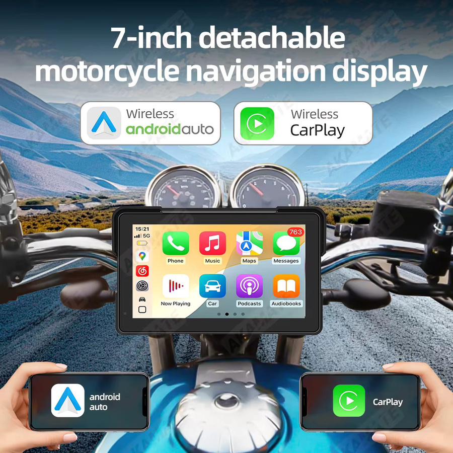 AKAMATE Motorrad GPS Navigation Monitor mit drahtlosem CarPlay und Android Auto, wasserdichter 5 Zoll oder 7 Zoll IPS Bildschirm mit Bluetooth, Schwarz - Bild 2