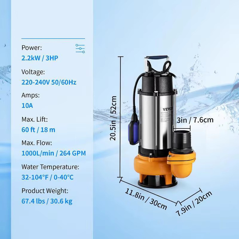 Schmutzwasserpumpe mit variablem Schwimmerschalter, 2200W Tauchpumpe in Weiß, Förderleistung 60000L/h, maximale Förderhöhe 18m, IPX8 Wasserpumpe für den Garten - Bild 6