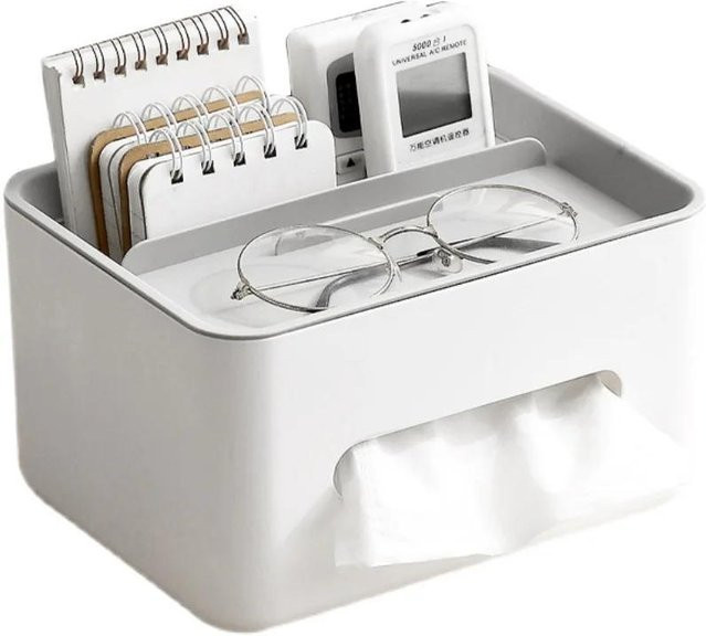 Multifunktionaler Organizer aus Kunststoff für Taschentücher, Servietten und Fernbedienungen in Grau und Weiß, B/T/H: 21,0 x 12,0 x 12,0 cm - Bild 1