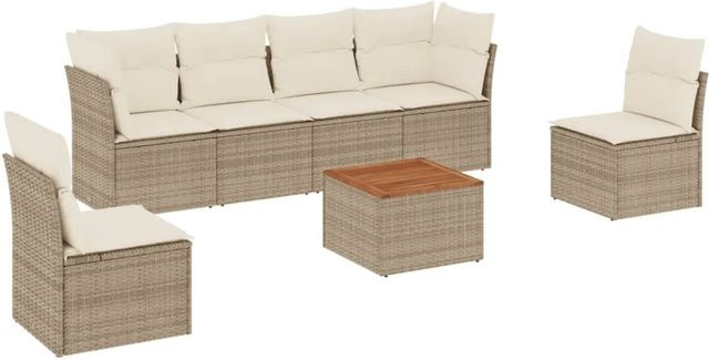 vidaXL 7-teilige Garten-Sofagarnitur aus Poly-Rattan in Beige mit Kissen und Couchtisch im L-Shape-Design - Bild 1