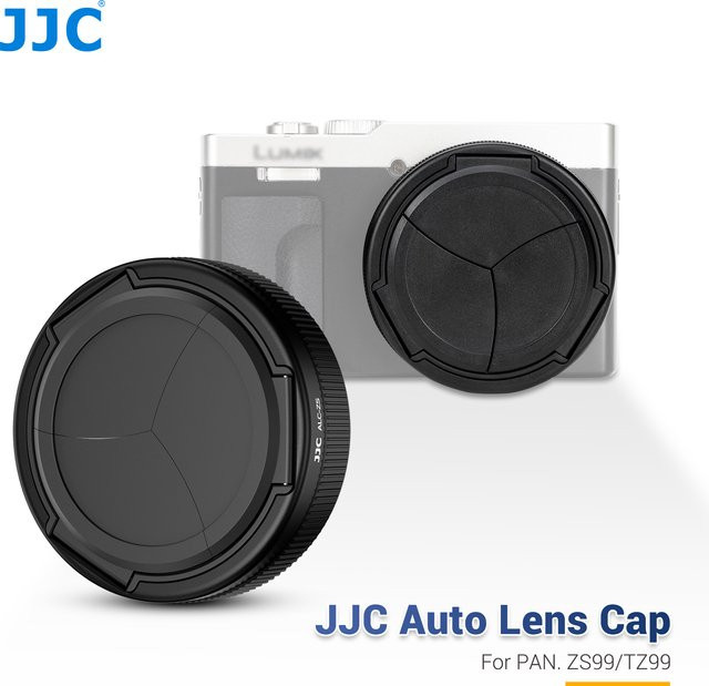 JJC Auto-Objektivdeckel aus Aluminiumlegierung für Panasonic Lumix ZS99 und TZ99 in Schwarz mit weichem EVA-Innenschutz - Bild 1