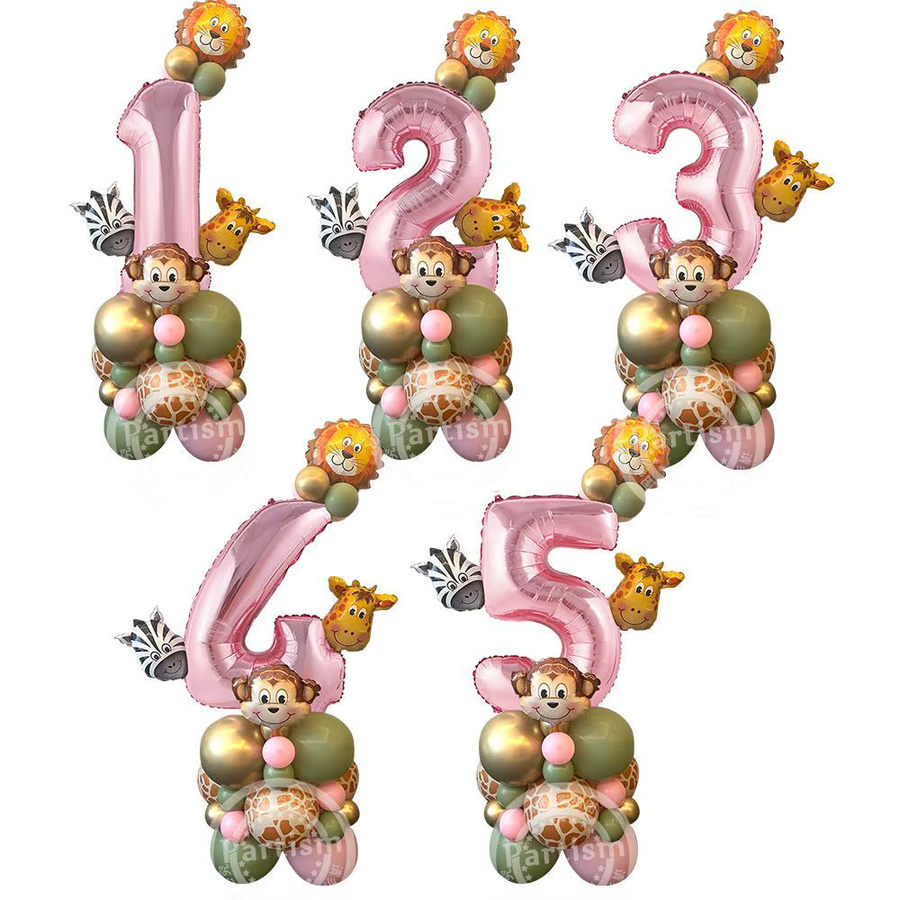 31-teiliges Wildtier-Ballon-Set für deine Wild One Geburtstagsparty in Rosa mit Zahlenfolienballons und Tierprint-Dekoration - Bild 2