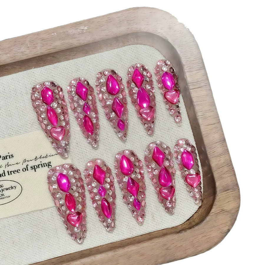 YADORNOS Press On Nails, rosafarbene Stiletto Kunstnägel mit Glitzer, 10 Stück - Bild 4