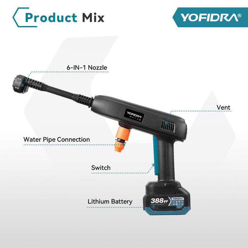 YOFIDRA 6 in 1 Hochdruck Autowaschpistole Set mit 22L faltbarem Wassertank, 5 m Wasserschlauch und 2 Akkus für Makita 18V - Bild 3