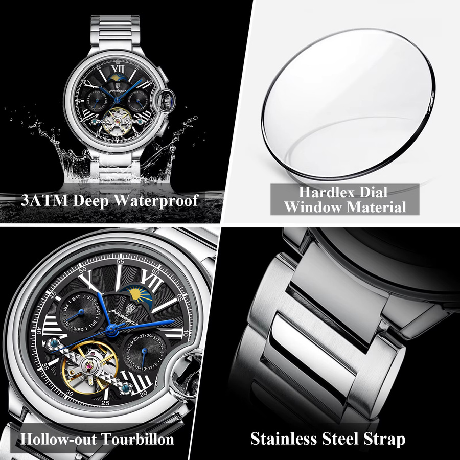 POEDAGAR Armbanduhr, Automatik, Edelstahl, Silber Blue, Herren - Bild 4