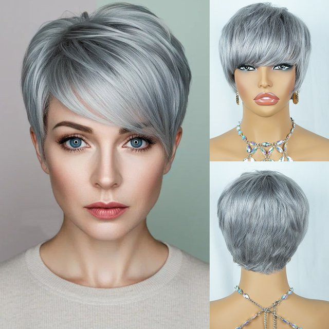 OYM HAIR Perücke, Pixie-Schnitt, grau, brasilianisches Echthaar, Damen - Bild 1