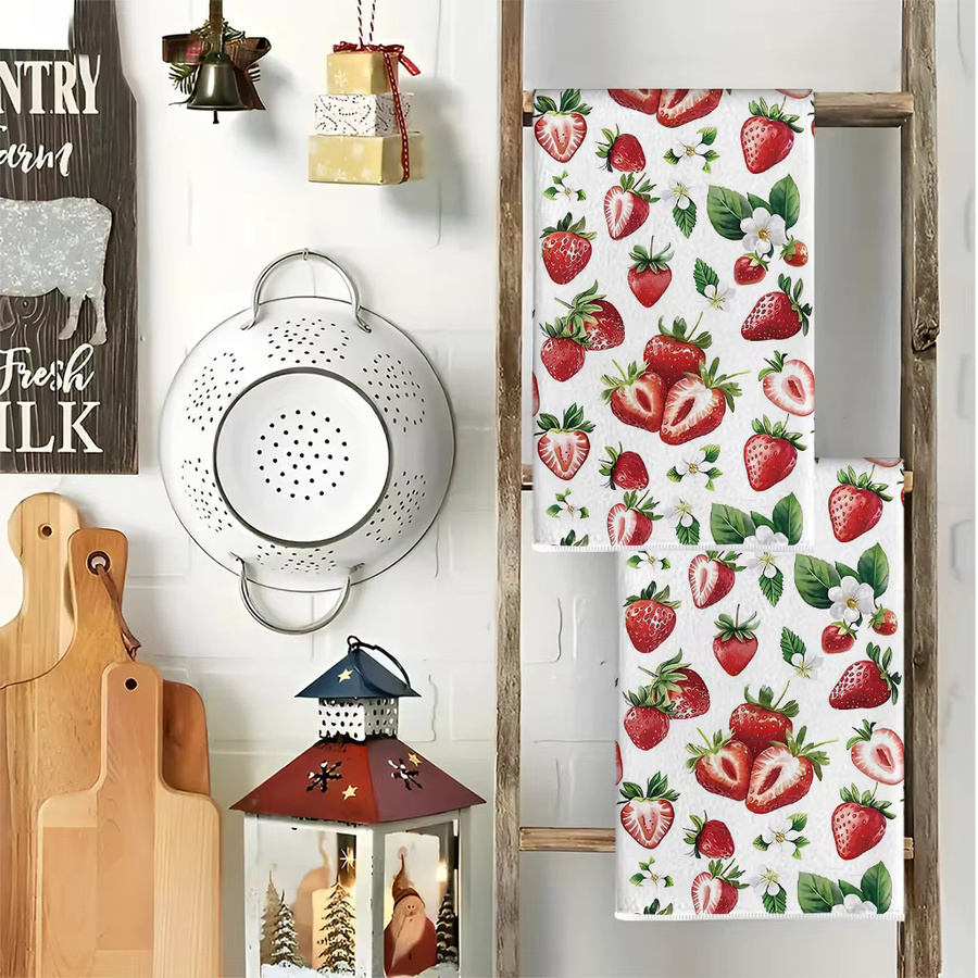 Yuanqi Küchentücher Set mit Erdbeerblüten-Motiv in Rot und Mehrfarbig, 2 Stück, super saugfähig, B: 60 cm, H: 40 cm - Bild 5
