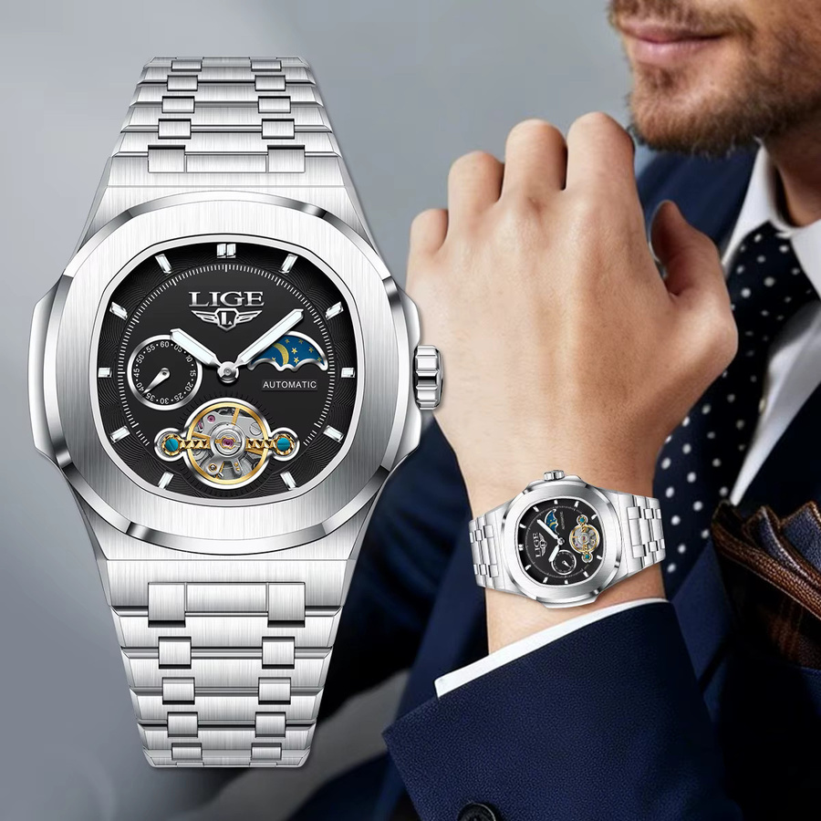 LIGE Armbanduhr Automatik, Mondphase, Edelstahl, Schwarz, Silber, Herren - Bild 3