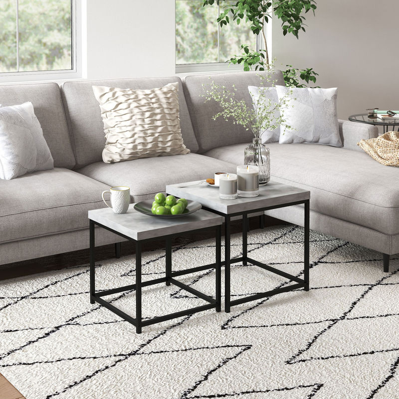HOMCOM Set aus 2 stapelbaren quadratischen Couchtischen mit Stahlgestell und grauen Holzplatten von Aosom - Bild 2