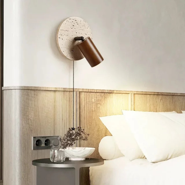 Pumous LED Wandlampe aus Stein und Holz in Walnuss Braun mit Zugschalter und warmweißem Licht für das Schlafzimmer - Bild 1