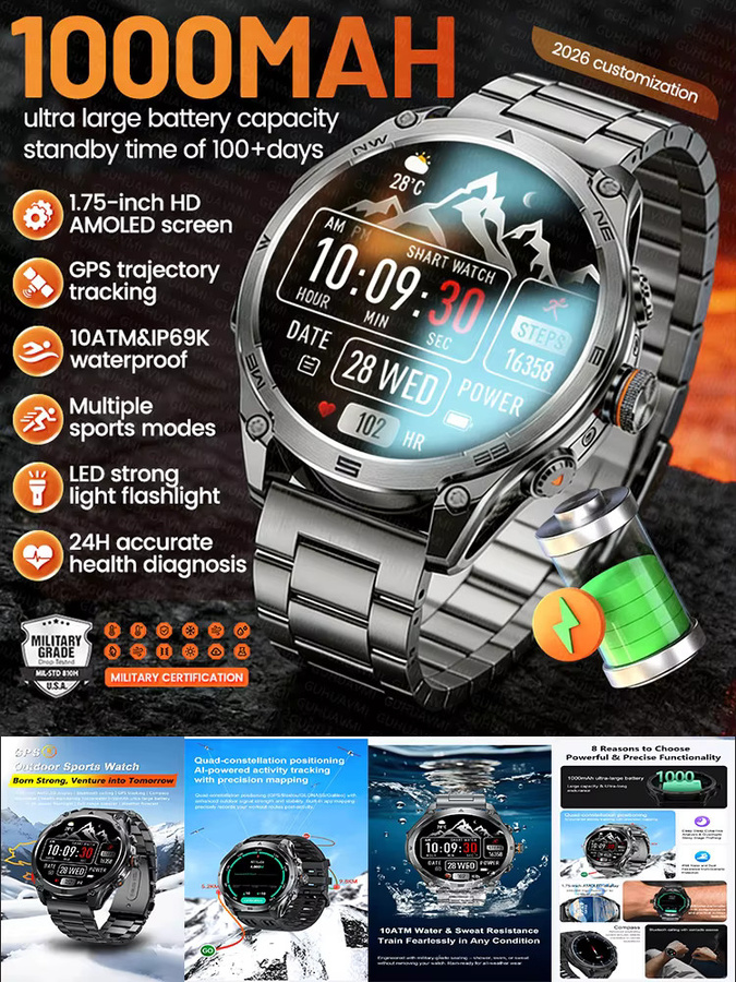 GUHUAVMI Smartwatch, Edelstahl, Schwarz, GPS, 10 ATM, Herren - Bild 7