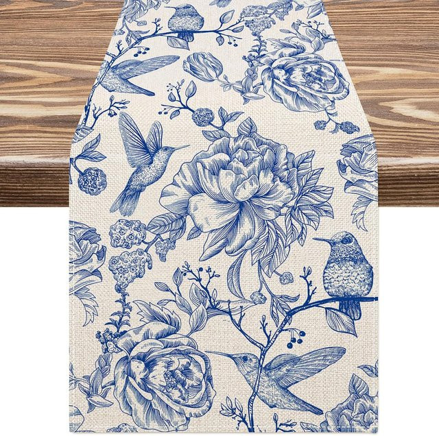 JMG Household Supplies Tischläufer aus Leinen mit Retro-Vogel- und Blumenmotiv in Blau, Weiß und Grau, B/T: 150 x 33 cm - Bild 1