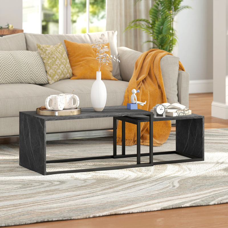 HOMCOM Set mit 2 verschachtelbaren Beistelltischen im Industriestil, Metall und MDF, Schwarz und dunkelgraue Marmoroptik, B/T/H: 90 x 48 x 42 cm - Bild 2