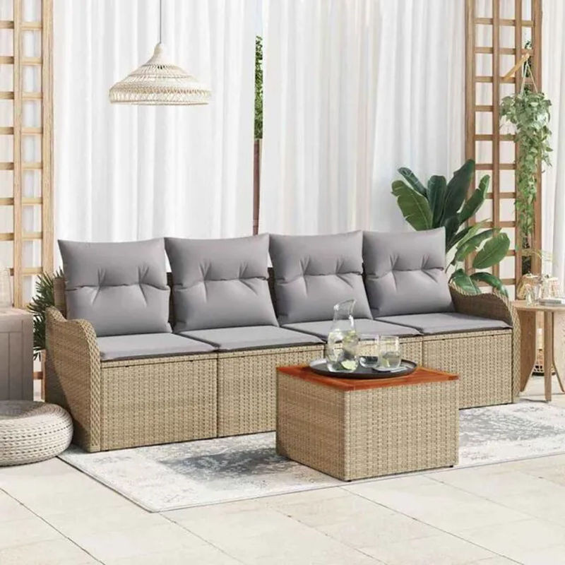 Vidaxl 5-teiliges Garten-Sofa-Set aus Polyrattan und Akazie in Beige und Grau mit Kissen - Bild 1