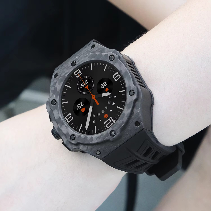 CAOWTAN Carbon-Faser Modifikationskit für Samsung Galaxy Watch Ultra 2025 mit Carbon-Gehäuse und Gummiarmband in Schwarz - Bild 3