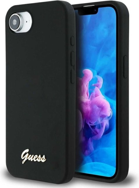 Guess MagSafe Handyhülle Silicone Script Metal Logo für Apple iPhone 17e und iPhone 16e in Schwarz - Bild 1
