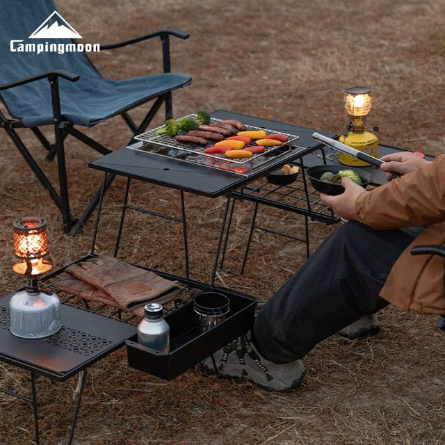 CAMPINGMOON CK-3G Outdoor Camping Dreischichtiger Klapp-Teetisch, Modularer IGT Kocher-Tisch und Erweiterungs-Grilltisch in Schwarz Matt - Bild 1