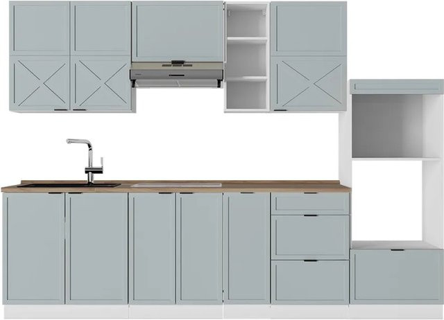 Vicco Fame-Line Küchenzeile in Hellblau-grau/Weiß mit Eiche-Optik, Breite: 280 cm, Höhe: 82 cm, Tiefe: 60 cm - Bild 1