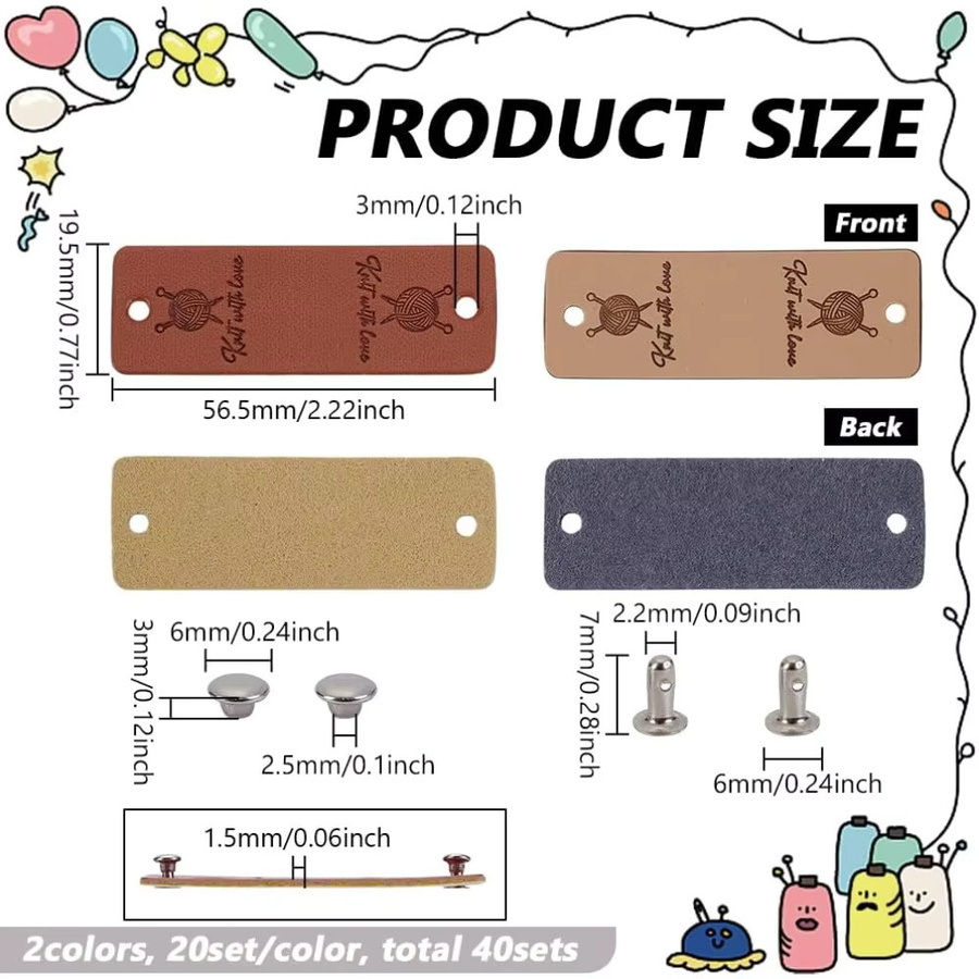 40 Sets rechteckige PU-Lederetiketten in Beige mit Nieten und Loch, Durchmesser: 5,1 cm - Bild 2